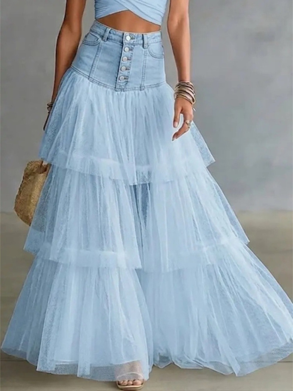 High-Waisted Button-Front Denim and Tulle Maxi Skirt